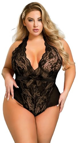 ohyeahlady Sexy Body Encaje Mujer Talla Grande Bodies Espalda Abierta Lencería Sexy y Atrevida de Lujo Ropa Interior de Dormir Bodysuit Sin Manga Negro,XL-XXL