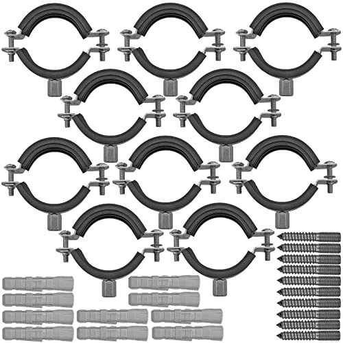 MegaHaustechnik Edelstahl VA Set: 10 Stück Rohrschellen mit Spannbereich 60 bis 64mm Rohr-Außendurchmesser 2 Zoll, mit Schallschutz Gummi-Einlage, inklusiv passende Stockschrauben M8 + Dübel 10mm