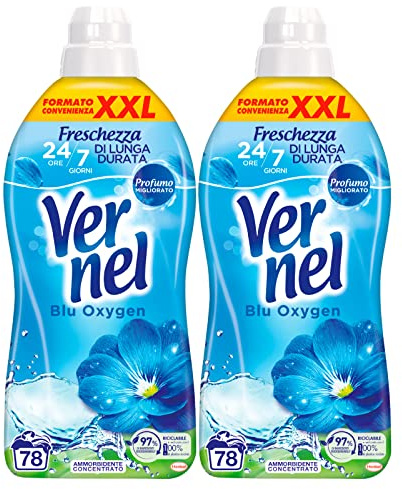 Vernel Blå Oxygen Mjukmedel Flytande Koncentrerad XXL Bekväm Storlek Med Fantastisk Friskhetskänsla, mjuk och doftande tvätt - 2 flaskor på 1,95 liter