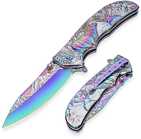 YiMai Cuchillo Plegable, Navaja de Bolsillo con Mango de patrón tallado en 3D, Cuchillo Plegable para Acampar Pesca Caza Picnic (Color degradad)