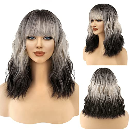 FAELBATY Kurze schwarze Ombre Weiß Blonde Perücke Kurze Bob Kopf Perücke für Frauen mit Pony Schulterlang Synthetische Cosplay Party Perücke Kostümperücke für Mädchen (12 Inches, 60R)