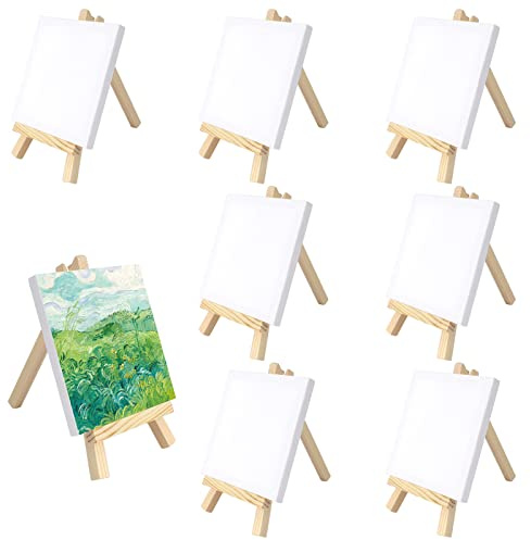 Towviy 8 Stück Mini Leinwand mit Mini Staffelei, Holz Fotohalter Tischstaffelei Memohalter kleine Staffelei Tischdeko für Hochzeit Malen GeburtstagTaufe Party