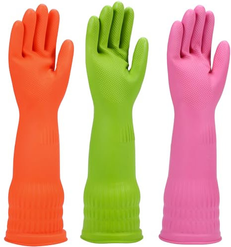 IUCGE Gummi-Geschirrhandschuhe, 6 Paar für die Küche, Reinigung, Spülhandschuhe, lang, für den Haushalt, wiederverwendbar, langlebig, groß, mehrfarbig