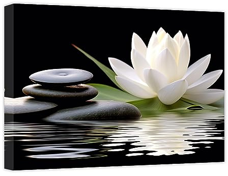 CCWACPP Zen Canvas Wall Art White Lotus Bloom in Water Picture Flowers Stone Spa Painting for Yoga Meditation Room Bathroom Prints Wall Decor Frame (Zen - 2, 30x45cm)