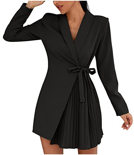 tsaChick Tunika Kleid Damen Damen Frühling Und Herbst V-Ausschnitt Pure Temperament Krawatte Plissiert Anzug Jacke Kleid Langarm Kragen Knielange Kleider Damen Kleid Sommerkleider Kleid Damen Lang Bau
