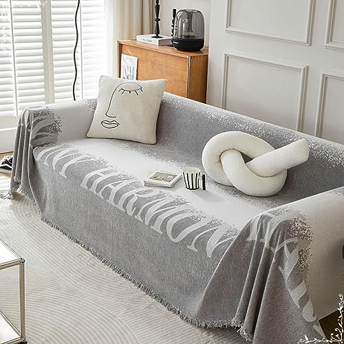 Homxi Couchbezug 2 Sitzer,180x230CM,Couch Überzug Universal Farbverlauf mit Buchstaben und Quasten Couch Überzug Chenille Handtuch Sofa Grau Sofahusse Universal
