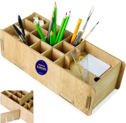 clipfritz - Stiftebox aus Holz (ca.14x32cm) Schreibtisch Stiftehalter für Kinder, Erwachsene - Stifteköcher ideal als Büro Organizer - Stiftehalter für Kinderzimmer - Stiftebehälter für Büroutensilien