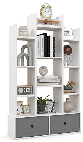 HOMASIS Bücherregal mit 12 Etagen & 2 ausziehbaren Schubladen, Büroregal aus Holz, Standregal mit Kippschutz, Lagerregal Aufbewahrungsregal für Wohnzimmer, Arbeitszimmer,Büro (Weiß, 80 x 24 x 132 cm)