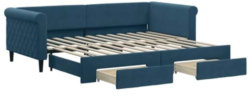 vidaXL Tagesbett, Ausziehbar Schlafsofa mit Schubladen, Bettsofa Gästebett für Schlafzimmer Wohnzimmer, Sofa Bett Ausziehbett, Blau 90x200 cm Samt