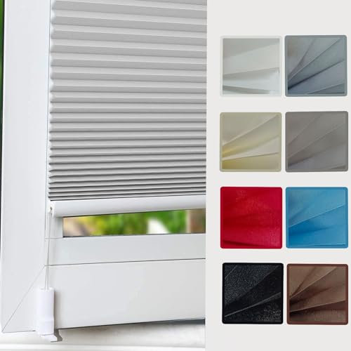 Premium Plissee Faltrollo 110 x 190 cm Blickdicht Easyfix Sonnenschutz Fertifplissee - Rollos für Fenster und Tür Inkl. Aller Montage-Teile, für Fenster & Tür, Hellgrau