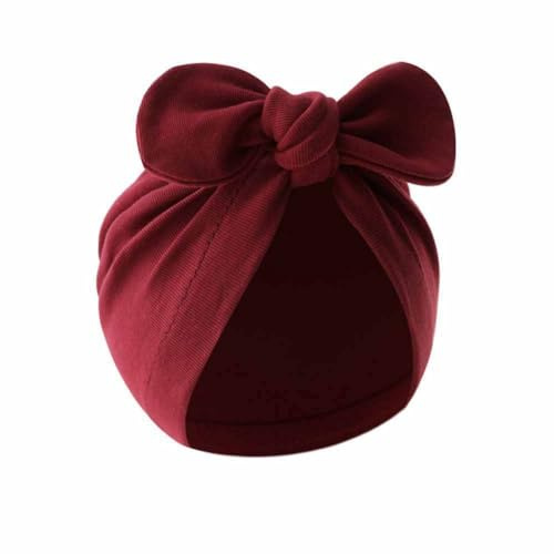 Yurosiay Neugeborenen Mütze Süß Baby Turban Hut Mit Schleife Weiche Stretch Baumwolle Erstlingsmütze Baby 0-12 Monate Babymütze Headwrap Baby Kinder Knotenmütze Jungen Mädchen 17×17cm Rotwein