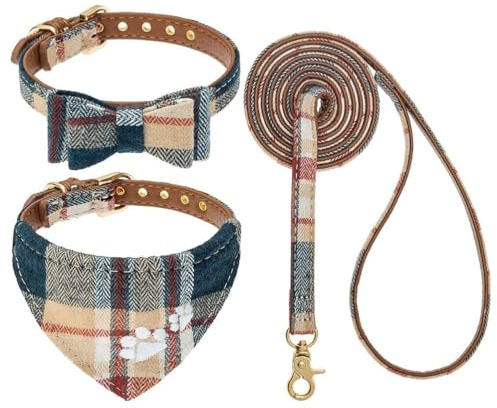 EXPAWLORER Set aus Halsband und Leine für Hunde – Halsband mit Schmetterlingskrawatte und Bandana mit Karomuster und besticktem Pfotenabdruck, Leine ohne Verheddern, verstellbare Halsbänder für