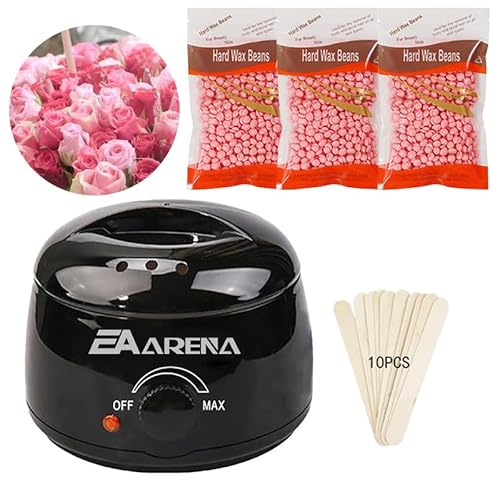 Wax Warmer Kit for Hair Removal With Bowl, 3 Bags Wax Beads, and Applicator Sticks - Professional Waxing Machine for Full Body at Home (Rose Black Pot)