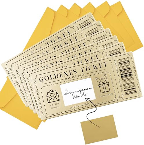 6 Stück Gutschein zum selber ausfüllen mit Rubbelaufkleber,Rubbelkarte zum beschriften mit Umschlägen,Goldene Ticket Rubbel-Geburtstagskarten,Geschenke für Frauen, Weihnachtsgeschenkkarten