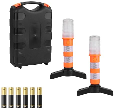 2pcs LED Emergency Roadside Lights, Safety Strobe Road Warning Light, Flares Emergency Road with Magnetic Base and Removable Bracket, 9 Modes Highway Beacon Flare Light (Contains 6 AAA Batteries)