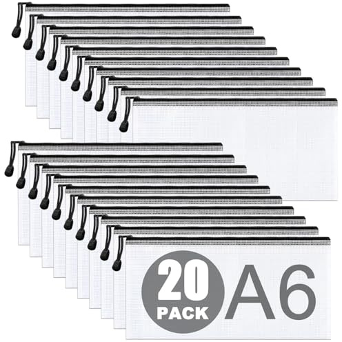 20 Pcs Dokumententasche mit Reißverschluss A6, Wasserdichte Document Case, Mesh Plastic Zip Bag, Reißverschlusstasche, Zipper Pockets für Datei,Papier, Quittungen, Kosmetika, Schwarz