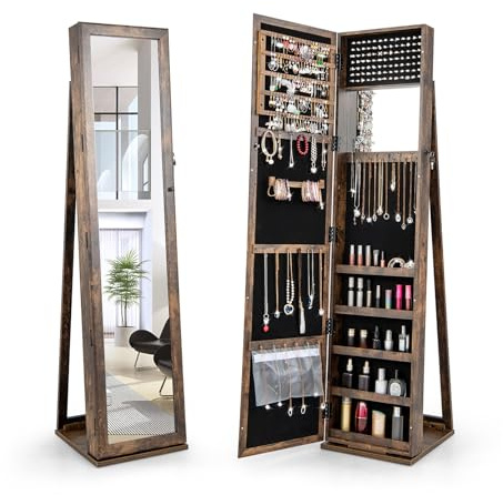 RELAX4LIFE Schmuckschrank mit Ganzkörperspiegel & eingebautem Schminkspiegel, freistehendes Schmuckregal, abschließbar mit Schlüssel, Spiegelschrank Landhausstil, für Schlafzimmer & Garderobe