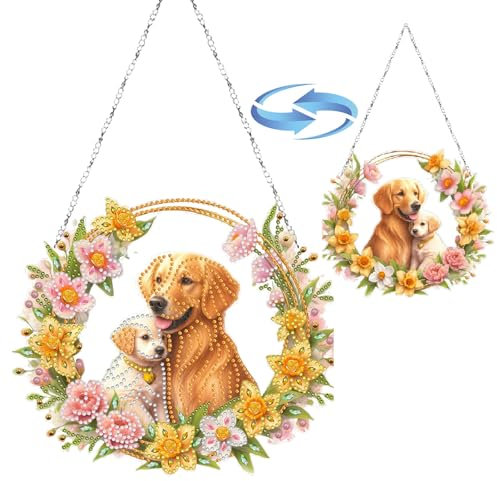 CXINLky DIY Diamond Art Peinture Pendentif avec chaîne, Peinture diamant animal Images de fenêtre, Peinture diamant créative 5D Kits de décoration murale pour fenêtre mur jardin décor-01-chien