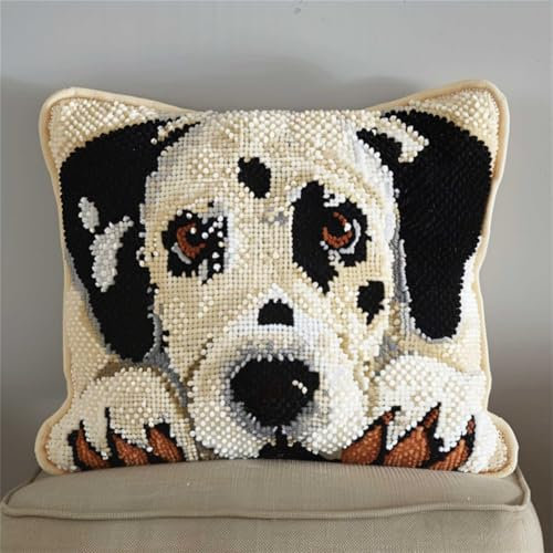 RKFLGEW DIY knüpfen set anfänger Dalmatiner Tier knüpfkissen mit vordruck Fantasie Hund DIY Knüpfkissen-Set，Anfänger，Erwachsene，Teenager，Geschenk，Stickerei，Heimdekoration，Knüpfhaken-Set 43x43cm