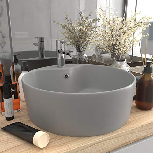 LAPOOH Luxus-Waschbecken mit Überlauf, Aufsatzwaschbecken, Bathroom Sink, Waschtisch, Ablaufgarnitur, Aufsatzbecken, Matt Hellgrau 36x13 cm Keramik