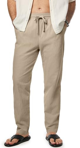 Men's Casual 100% Cotton Straight Leg Pants Linen Elastic Waist Drawstring Summer Classic Fit Beach Lightweight Dress Trousers with Pockets, L, Khaki