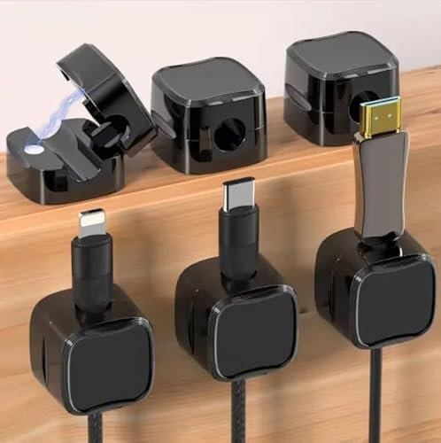 Cable Tidy Clips, 6 Pack, Adjustable Cord Organiser, Magnetic Cable Management, Self-Adhesive Wire Holder for Desk, Nightstand, Charging Cables, HDMI, USB, Audio Cable, Office, Home, Black (Black)