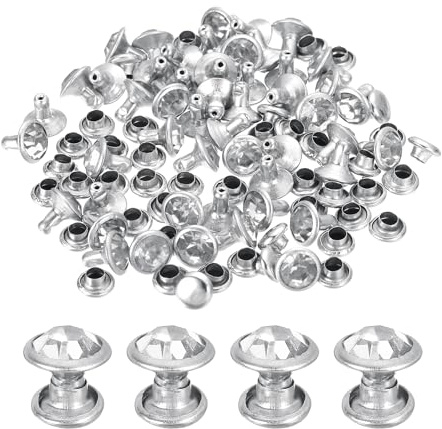 QUARKZMAN 60 Stück Strass Nieten für Leder, 8mm Leder Nieten Kristall Nieten Stud Rapid Doppelkappen Ziernieten Spikes für Schuhe DIY Handwerk Stoffkleidung Gürtel Taschen, Silber Klar