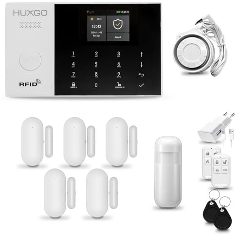 HUXGO® HXA005 Funk Alarmanlage Set WiFi + GSM 4G mit Sirene | Alarm System mit Bewegungsmelder, 5X Tür- Fenstersensor, Fernbedienung | Wohnmobil Alarmanlage