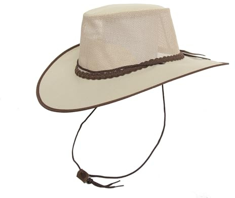 Outdoor Sommerhut aus Canvas mit Netz leicht und luftig mit Kinnband wasserfest mit UV Schutz Farbe Sand, Größe S I 54-55 cm