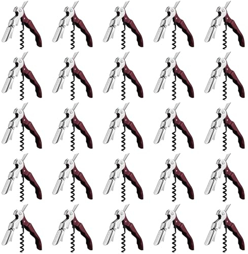 VINAK - Pack de 25 Sacacorchos Camarero Profesional Burdeos | Acero Inoxidable 1,5 mm | Doble Apoyo Articulado | Espiral Teflonada Antiadherente | Navaja Cortacápsulas y Abrebotellas | Uso Hostelería