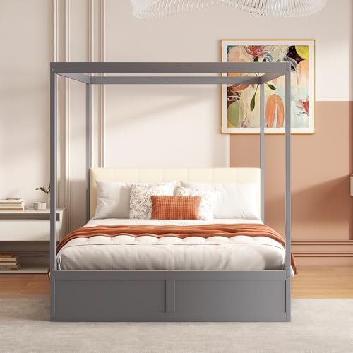 Lcoho Himmelbett(140x200 cm) mit großen Schubladen und weicher Rückenlehne, Holz Bett (Grau)