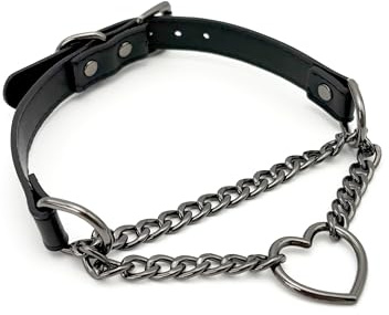 EverGlimp Schwarzes Leder-Choker-Halsband für Damen, handgefertigte Herz-Slip-Ketten-Choker-Lange Halskette mit verstellbarer Schnalle, 11''chain, Kunstleder, Kein Edelstein