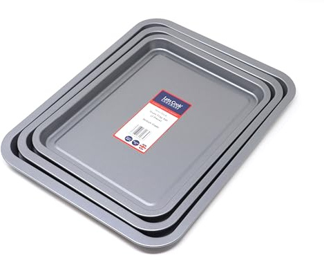 Lets Cook Cookware - 3 Piece Non Stick Oven Baking Tray Set - 28cm, 31cm and 35cm Trays, Stackable, Dishwasher Safe, Made in Britain