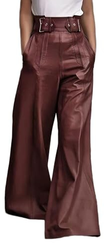 CHARTOU Women High Waist PU Faux Leather Pants Baggy Wide Leg Flare Pants Casual Bell Bottoms Trouser (Medium,Burgundy)