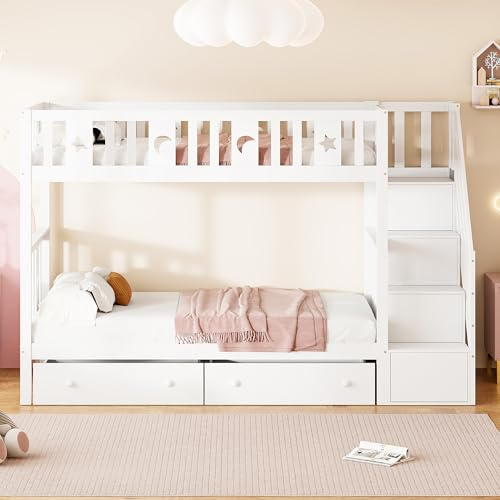 Idemon Lettino per bambini 90 x 200/90 x 200 cm, in legno massello con scala di sicurezza, scala di archiviazione, due grandi cassetti e rete a doghe, bianco