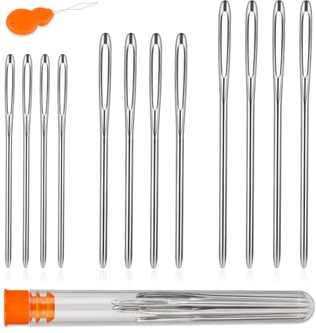 SUVSOON 12 Pcs/3 Sizes Large Eye Blunt Needles, Steel Yarn Knitting Needles, Needle Threader, Tapestry Needle with Transparent Bottle for Knitting Sewing (Silver)