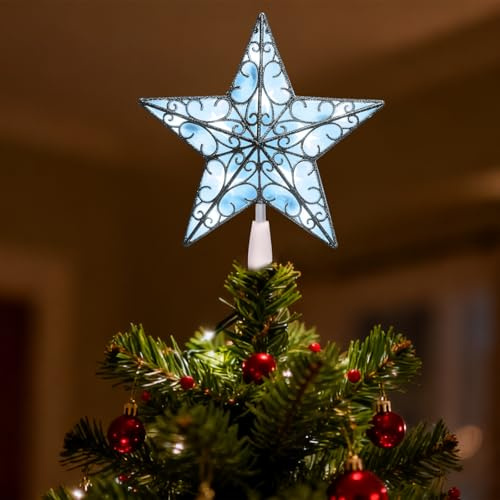 Christbaumspitze Stern Weihnachtsbaum Spitze Weihnachtsbaumspitze Stern LED Weihnachtsstern Beleuchtet Christmas Tree Top für Feiertagsdekoration Oder Heimdekoration(Silber)