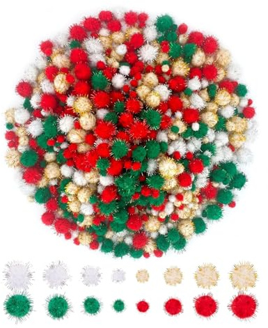 Allruyee 1200 Stück Bunt Pompons Weihnachten Pom Pom Glitter Pompons Bälle Klein Pompons zum Basteln für Weihnachten DIY und Dekorationen, 4 Größen (Gold, Rot, Weiß, Grün)