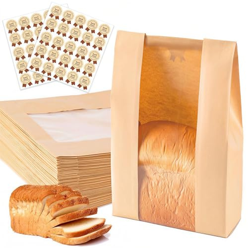 50 PCS Brown Paper Bread Bags with Window, 33 x 16 + 11 cm Kraft Paper Bakery Bags with Label Seal Stickers for Storage Bread Sourdough Cookies and Snacks