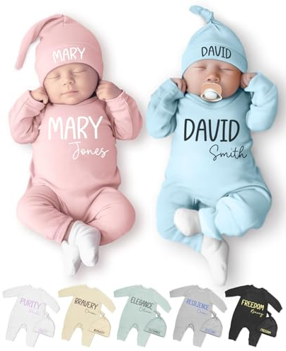 Babykleidung mit individuellem Namen, Outfit und Mütze, Set für Jungen und Mädchen, 0-6 Monate, personalisiertes Geschenk