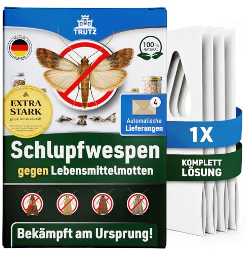 TRUTZ® Schlupfwespen gegen Lebensmittelmotten | 1 Karte à 4 Lieferungen | Nachhaltig & Effektiv Lebensmittelmotten bekämpfen | Alternative zu Mottenspray, Mottenkugeln und Lebensmittelmotten Falle