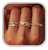 6Pcs Stackable Rings for Women Non Tarnish 14K Gold Plated Statement Stacking Rings Trendy Thumb Ring Set Dainty Cubic Zirconia Promise Engagement Wedding Ring Bands for Women Size Gold Tone US-7