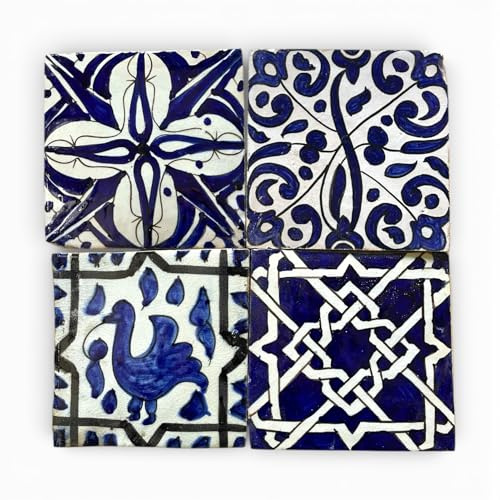Lot de 4 carreaux marocains peints à la main, en céramique artisanale, bleu, terre cuite, émaillée, 15 x 15 cm, revêtement décoratif Zellige pour cuisine, mur, table Backsplash, 30 x 30 cm