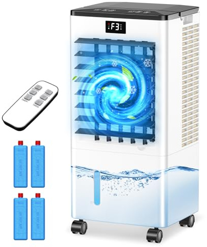 Climatiseur Mobile, 3 Modes & 3 Vitesse, Minuteur 12H, 4 Boîtes des Glacières, Grand Réservoir d'Eau, Fonction d'Oscillation, 60W Refroidisseur d'Air Évaporation avec Écran pour Chambre Bureau