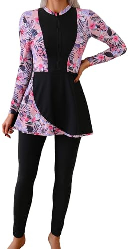ABEHIK Fashion Modest Burkini for Women, Long Sleeve Muslim Swimwear with Skirted Hem, 2 Piece Swimming Costume for Beach