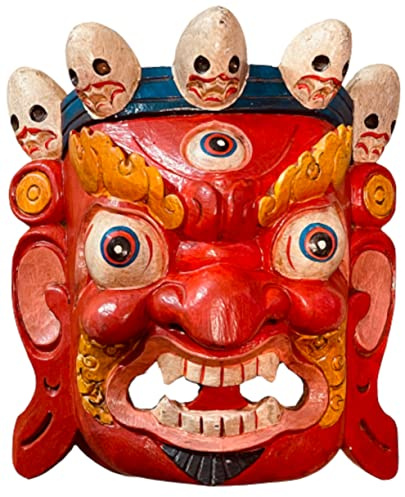 Hand Crafted Bhairab Wooden Mask of Hindu God Red Bhairab for Decorative Wall Hanging Lord Mahakal Bhairab Wooden Wall Decor Mask Handmade in Nepal