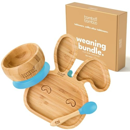 bamboo bamboo Plato Y Tazón Para Bebé, Set De Destete Con Succión Segura, Plato De Bambú En Forma De Conejo, Tazón Para Niños Y Cuchara, Vajilla Antideslizante Desde 6 Meses (Conejo, Azul)