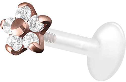 PIERCINGLINE PTFE Labret mit Gewinde TITAN AUFSATZ KRISTALLBLUME Piercing Lippe Nase Ohr Helix Roségoldfarben 1,2 x 7 mm