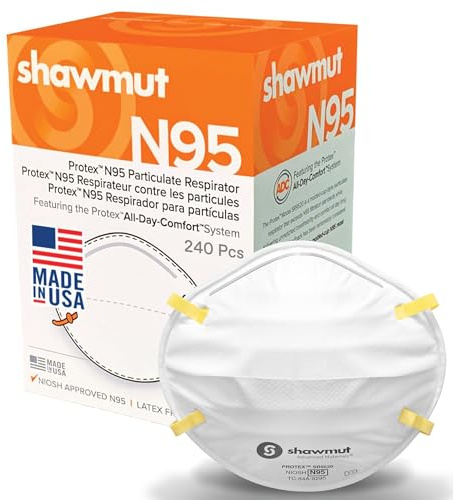 Shawmut Protex™ N95 Mask, Made in the USA NIOSH Approved, Particulate Respirators, Protective Face Mask for Dust, Construction, Medical, 12 Pack of 20 (Approval Number TC-84A-9295 / Model SR9520)