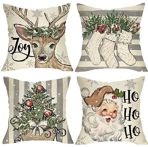 Fjfz Dekorativer Kissenbezug mit Weihnachtsmann, Rentier, 40,6 x 40,6 cm, 4 Stück, Weihnachtsbaum, Winterurlaub, graue Streifen, Strümpfe, Veranda, Outdoor, Heimdekoration, Schlitten, Hohoho Joy